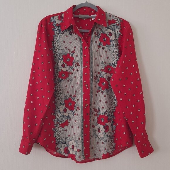 Liz Claiborne Tops - Liz Claiborne Lizwear Size S Long Sleeve Red Navy Cream Floral Striped B…